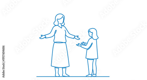 A simple blue line drawing depicts a mother and daughter interacting warmly high quality professional detailed