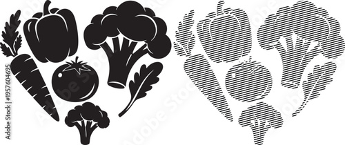 Heart-shaped vegetable illustrations contrasting filled and patterned designs