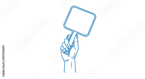 A hand holding up a blank rectangular sign in a simple blue line drawing high quality
