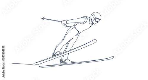 A minimalist line drawing depicts a skier in motion gracefully descending a snowy slope high quality