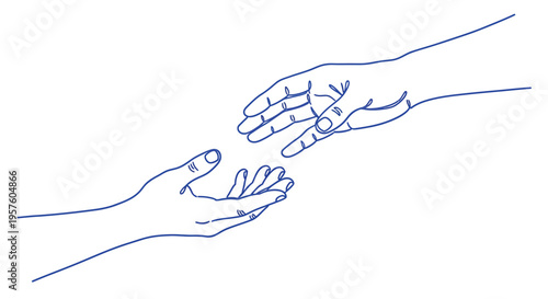 Two hands reaching towards each other in a simple blue line drawing high quality professional detailed