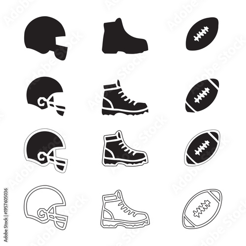American football equipment icon set featuring helmets boots and balls in silhouette and outline styles for sports branding and graphic design