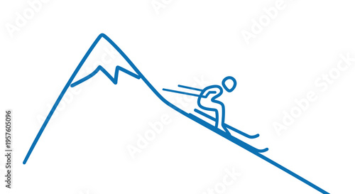 Simple line drawing depicts a skier descending a steep snow covered mountain slope high quality professional detailed