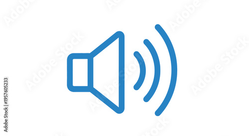 A simple blue line drawing depicts a loudspeaker emitting sound waves high quality professional detailed modern