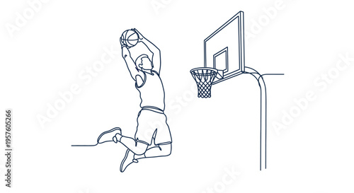 A continuous line drawing depicts a basketball player in mid air preparing to dunk high quality professional