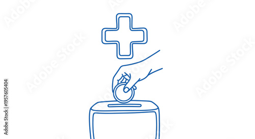 A hand dropping a coin into a donation box with a medical cross symbol high quality
