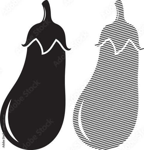 Contrasting visual styles of an eggplant depicted in solid and textured silhouettes