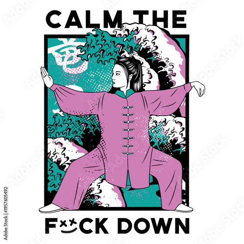 Illustration of a chinese woman doing yoga with a wave in the background