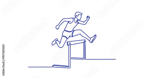 A continuous line drawing depicts an athlete mid leap over a hurdle during a race high quality
