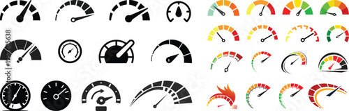 Dashboard speedometer icons set. Tachometer icon isolated. Performance indicator sign. Car speed. Fast internet speed sign. Stock flat vector elements.
