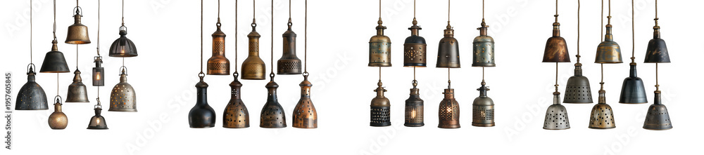 Obraz premium Collection of vintage bronze bells and antique hanging metal pendant isolated on transparent background
