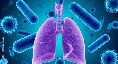 Semi-transparent purple human lungs with bacteria, medical microbiology and laboratory research visualization