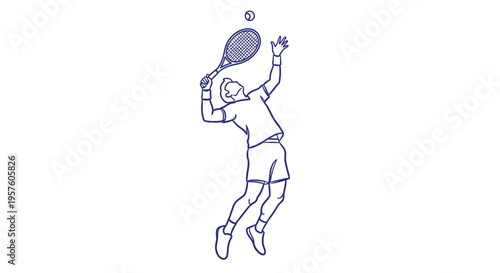 A minimalistic blue line drawing depicts a tennis player preparing to serve high quality professional detailed