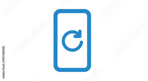A blue smartphone screen displays a circular refresh icon indicating loading or syncing high quality professional
