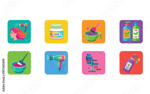 Hair Salon and Beauty Care Icon Set with Hair Dryer Shampoo Bottle Dye Bowl.