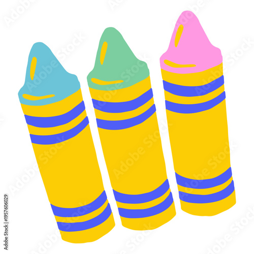 Three colored crayons