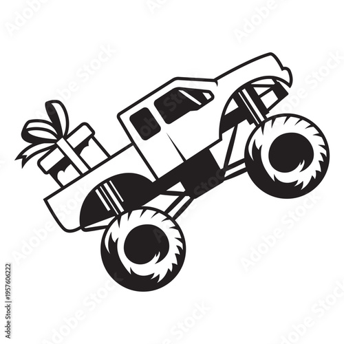 Black and white monster truck with present