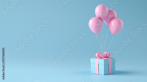 A whimsical gift box ascends, lifted by pink balloons in a serene blue sky setting