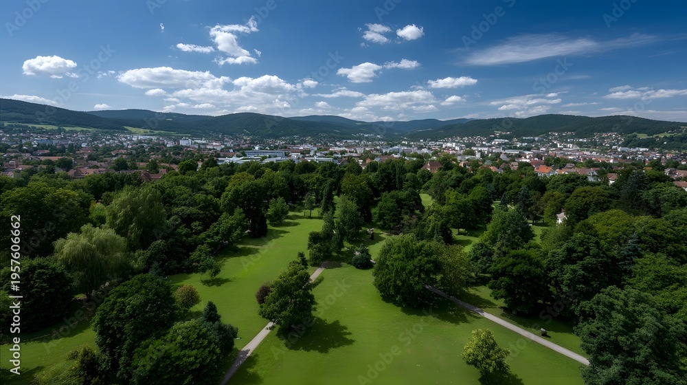 Fototapeta premium Aerial view of a lush green park overlooking a town nestled in a valley with rolling hills