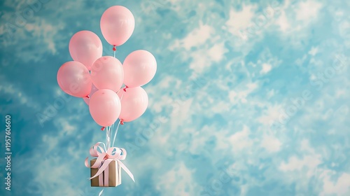 A colorful surprise gift box ascending with pink balloons against a soft blue backdrop