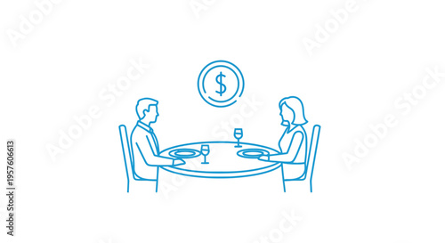 A couple sits at a table with a dollar sign hovering above suggesting financial discussion