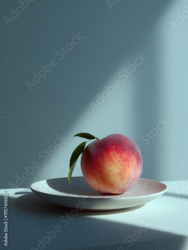 Single peach on a white plate with a small green leaf on top. the peach is red and yellow in color with hints of orange and green. the plate is placed on a light blue surface with a shadow cast on it.