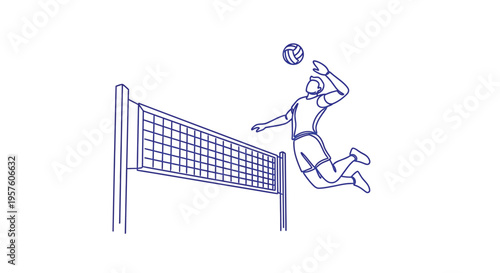 A stylized illustration depicts a volleyball player in mid air preparing to spike high quality professional detailed