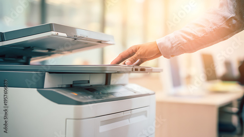 Professional worker prepare document scan or photocopy task on multifunction office printer machine, concept for business technology and modern office equipment