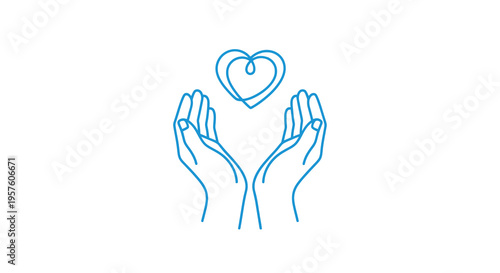 Hands gently cradling a heart outline in a simple minimalist blue line drawing style high quality