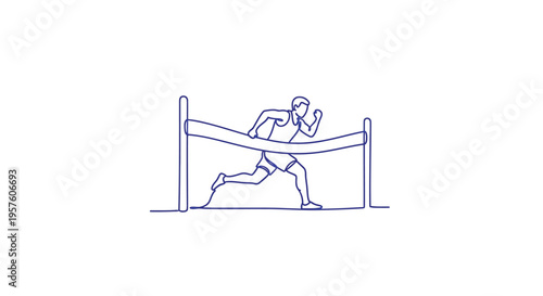 A minimalist line drawing depicts an athlete mid jump over a hurdle during a race high quality
