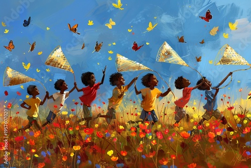 Children joyfully running through a flower field, catching butterflies with nets on a sunny day