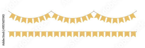Golden flag party bunting border. Gold festive flag garland. Birthday party bunting. Yellow ribbon chain. Carnival banner. Design element. Vector illustration isolated on white background.