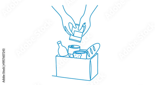 A simple line drawing depicts hands donating food items into a cardboard box high quality professional