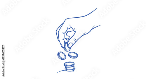 A simple blue line drawing depicts a hand releasing falling pills or tablets high quality professional