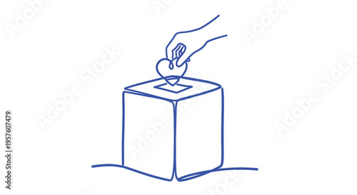 A simple blue line drawing depicts a hand dropping a heart into a box high quality