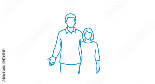 A simple blue line drawing depicts a man and a woman standing closely together high quality