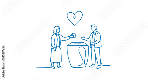 A simple line drawing depicts a couple sharing a heart over a vessel high quality professional