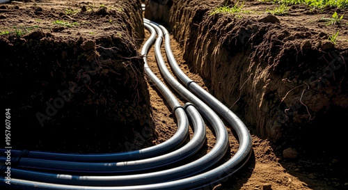 Buried geothermal heating pipe system for renewable energy installation project. Geothermal heating pipe infrastructure visible in ground trench, showing multiple pipes for efficient heat exchange.