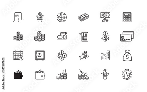 Business and finance icon set featuring money growth cryptocurrency wallets credit cards and banking symbols