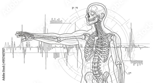 Detailed Human Skeleton Anatomy with Extended Arm and Digital Interface.