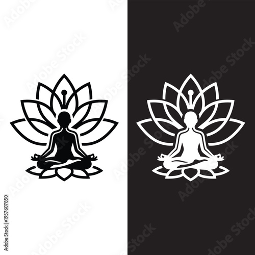 Yoga and meditation logo. Person in lotus pose with a lotus flower.