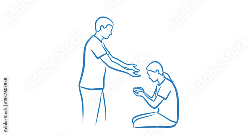 A simple blue line drawing depicts a person offering help to someone kneeling down high quality