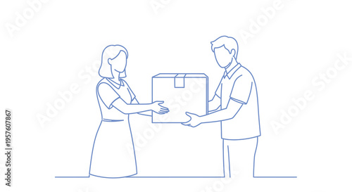 A simple line drawing depicts a man and woman exchanging a package or box high quality