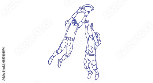 A blue line drawing depicts two football players jumping for a catch high quality professional detailed