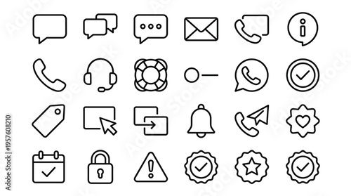 Set of 30 Black Outline Communication and User Interface Icons Vector
