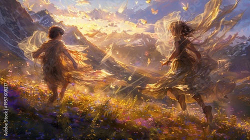 Children playfully chasing butterflies in a vibrant flower field on a bright sunny day