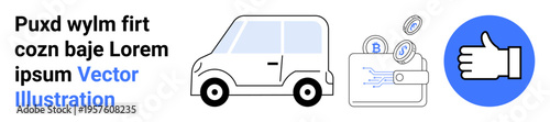 Financial transactions, vehicles, e-commerce, savings, approval ratings, online services. A car, wallet with coins and a thumbs-up icon. Financial transactions and savings concept