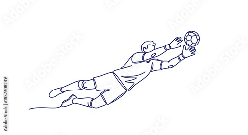 A dynamic line drawing depicts a goalkeeper in a full extension dive to save a ball