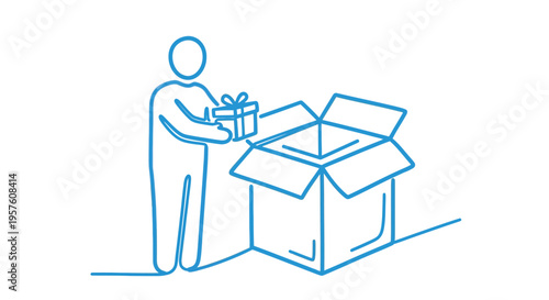 A simple line drawing depicts a person receiving a gift from an open box high quality