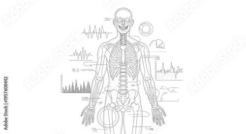 Human Body Outline with Data Visualization and Medical Graphs.